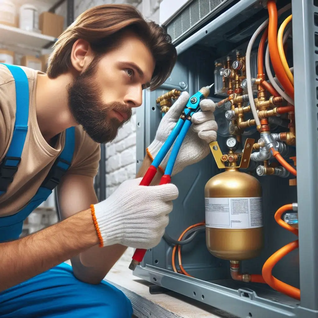 "A technician replacing a refrigerant leak in an air conditioning unit with a focus on eco-friendly solutions."