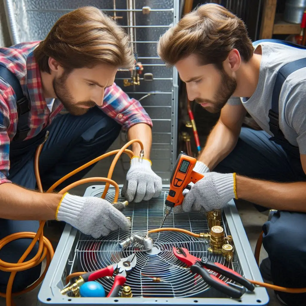 "An HVAC technician working on a refrigerant leak in an air conditioning unit, using specialized tools and equipment to fix the issue."