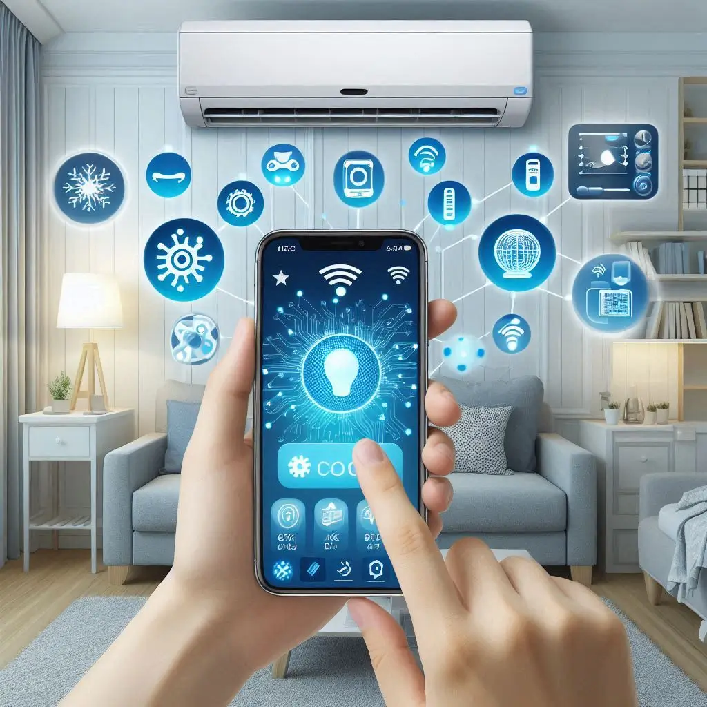 "A person controlling their ARS air conditioning system using a smartphone app, showing smart technology and remote control features."