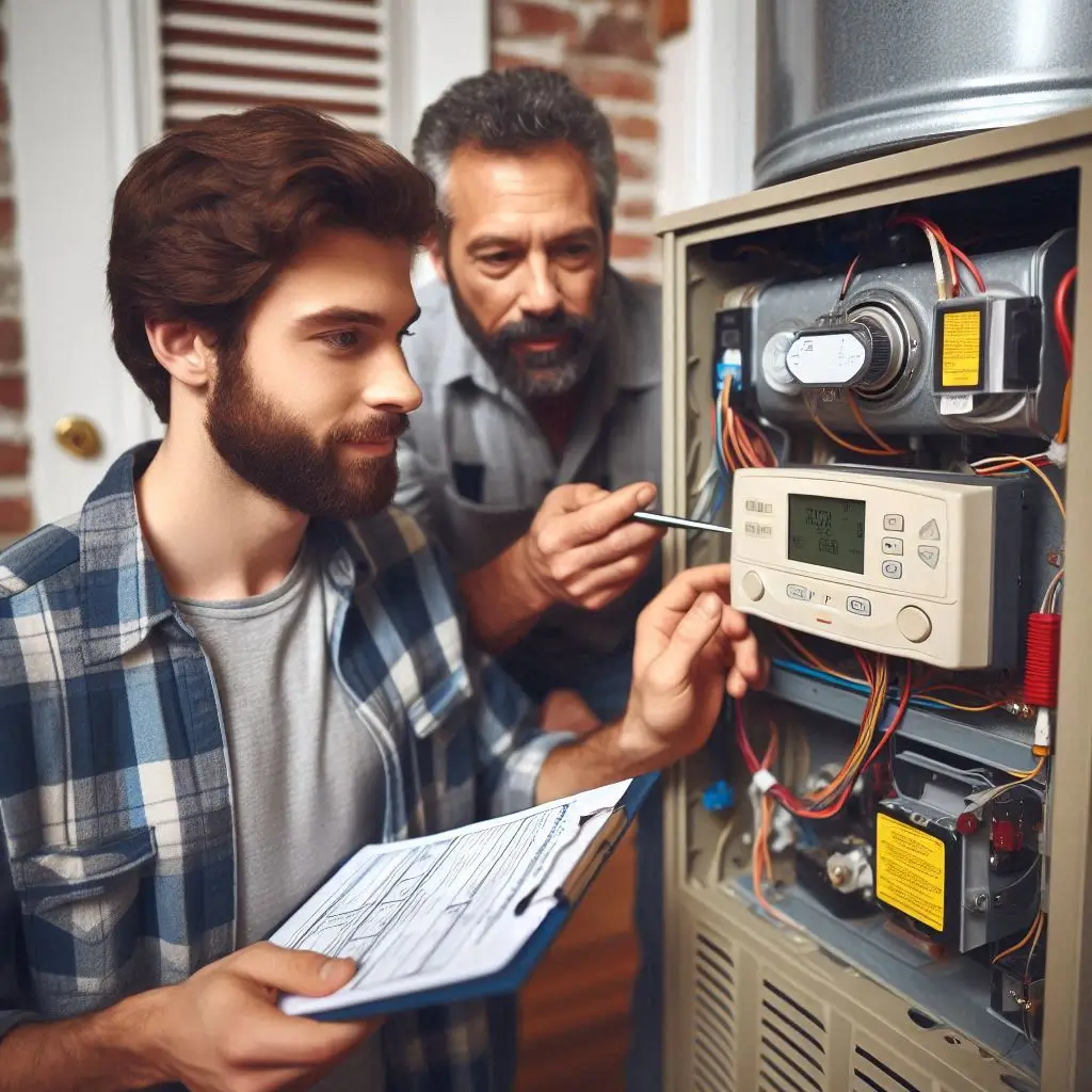 A homeowner looking at a thermostat with an error code, while an HVAC technician inspects a furnace for troubleshooting.