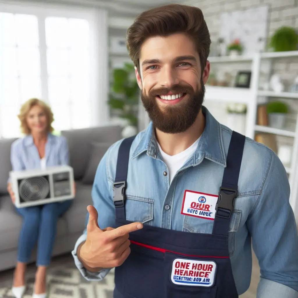 "A professional HVAC technician from One Hour Heating and Air, wearing a branded uniform and providing excellent customer service to a homeowner."