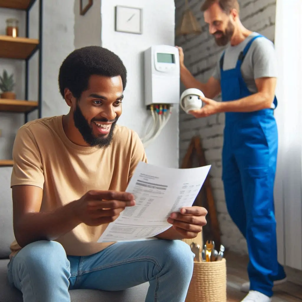 A homeowner reviewing an energy bill with a relieved expression while an HVAC technician is seen working on a thermostat in the background, highlighting cost savings through quick repairs.