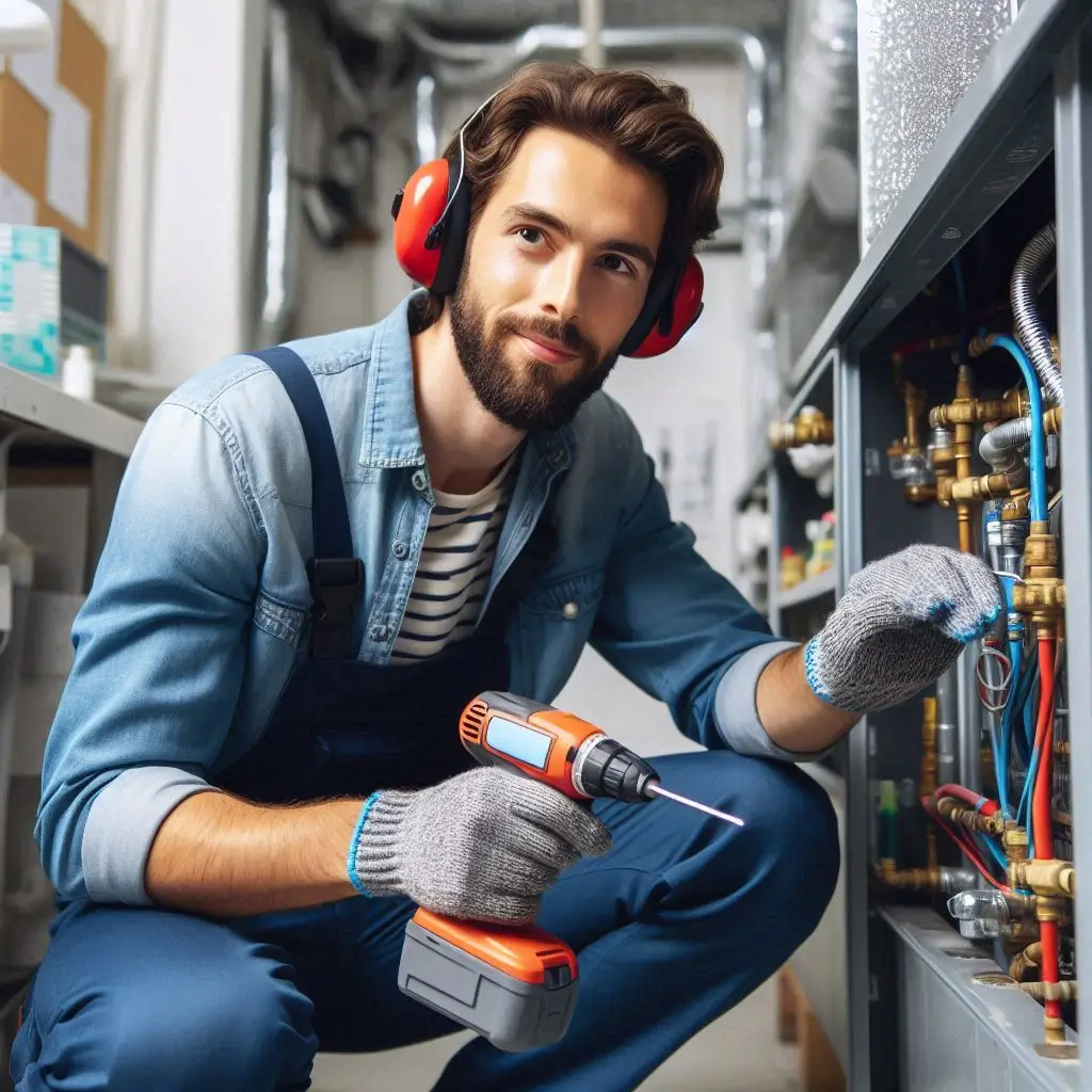 "An HVAC technician inspecting and cleaning a heating system as part of a scheduled maintenance service."