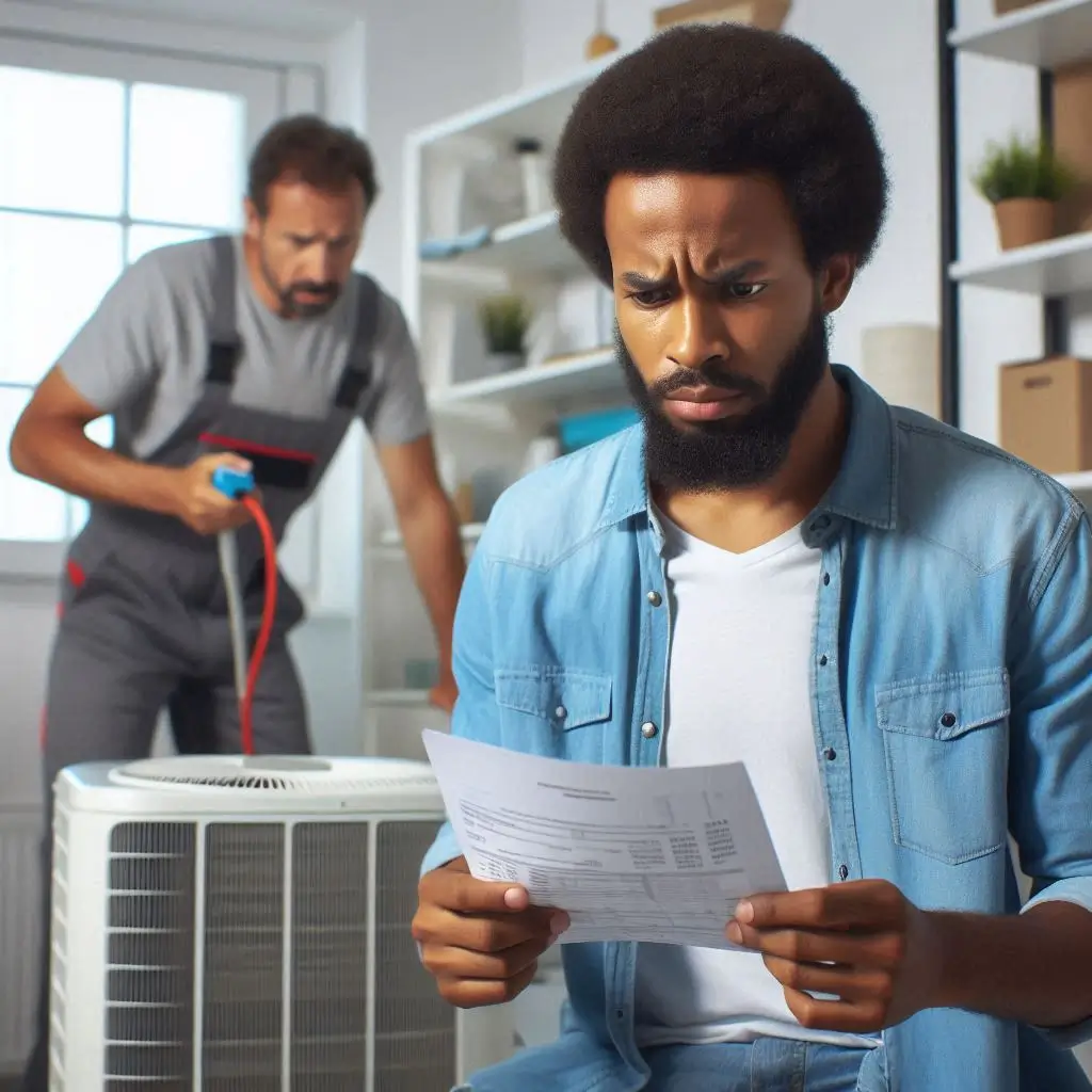A frustrated homeowner looking at a high energy bill, with an HVAC technician checking an air conditioning unit in the background.
