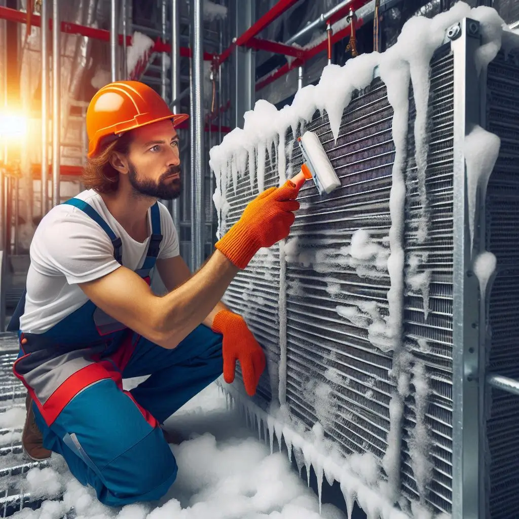 "An HVAC technician cleaning evaporator coils to prevent freezing and ensure optimal cooling performance"