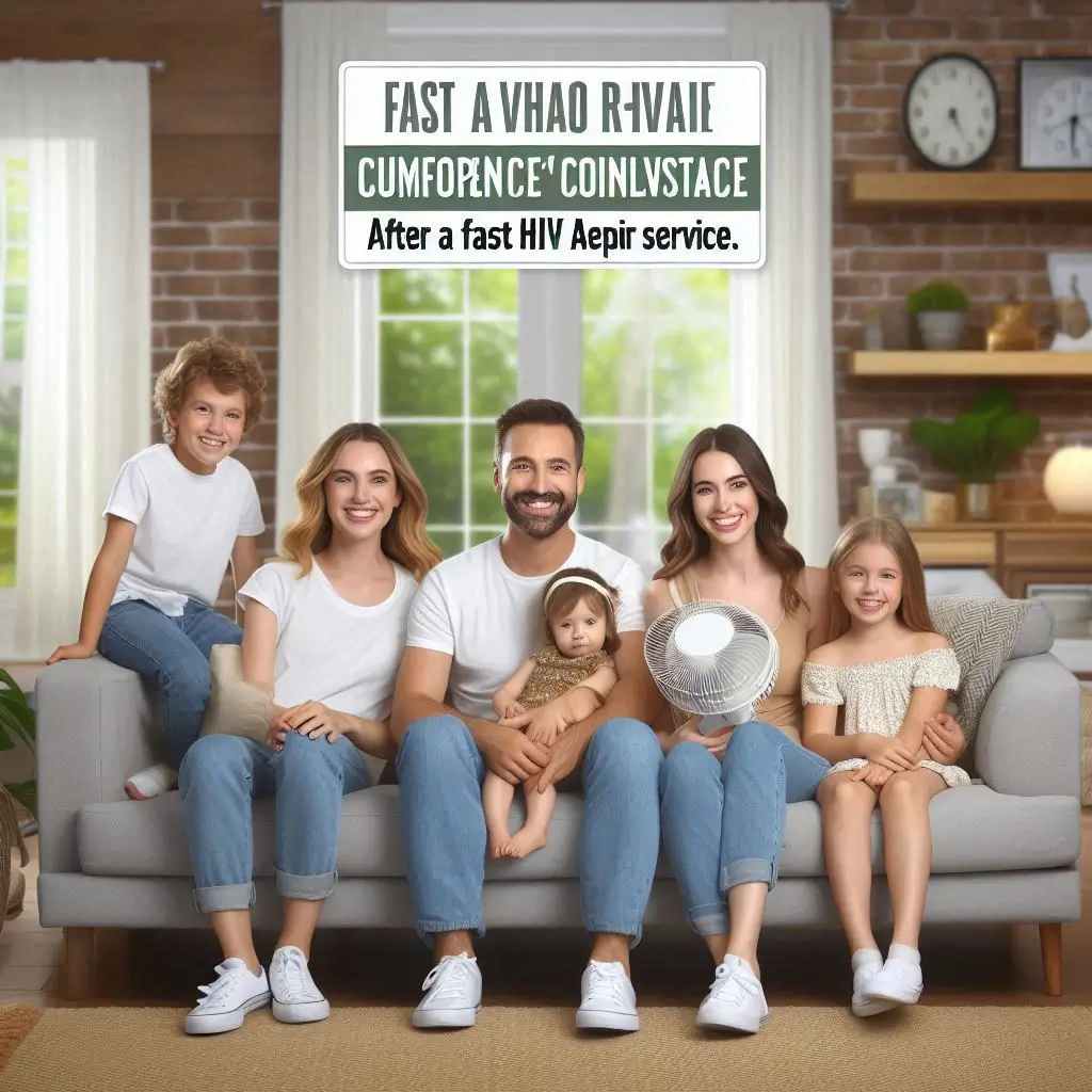 A happy family inside a well-maintained home, enjoying a comfortable temperature after receiving quick air conditioning repair services. The image conveys comfort and satisfaction after a fast HVAC service."