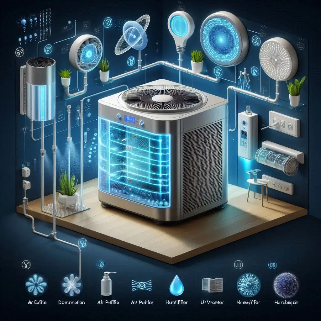 "A diagram of an HVAC system with integrated air purifier, UV lights, and humidifier/dehumidifier, showing how these systems improve indoor air quality."