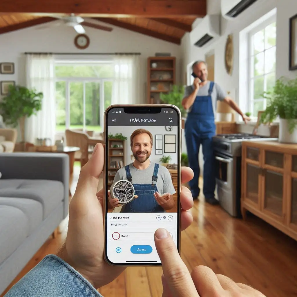 A homeowner using a smartphone to book an HVAC service online, with an HVAC technician on a video call in the background.]