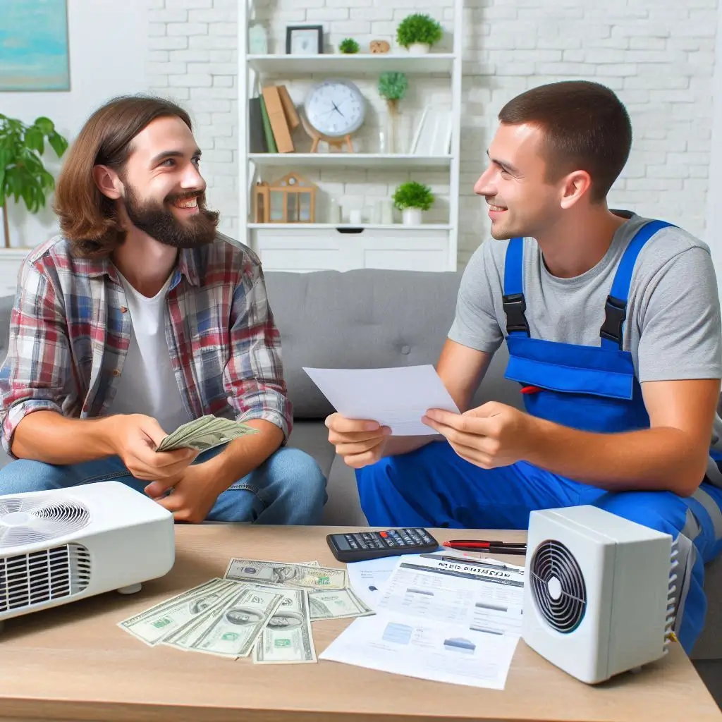 "A homeowner comparing different AC installation quotes and financing options with an HVAC technician."