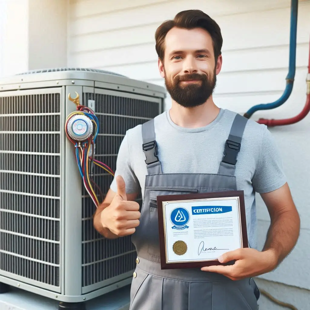 A professional HVAC technician in a uniform, holding a certification badge, standing next to a newly installed air conditioning unit.