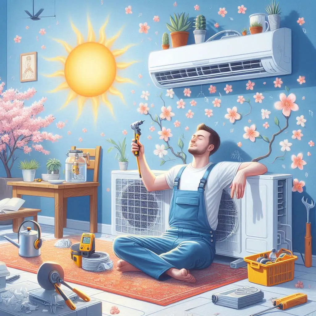 "A technician installing an air conditioner during the spring season, showing the calm and efficient atmosphere of off-peak installation."
