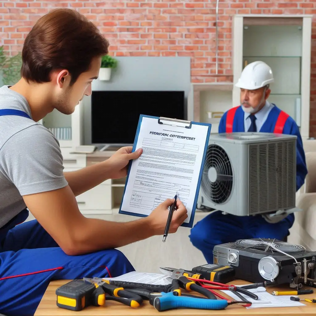 "A technician applying for an HVAC permit for AC installation, showing the paperwork process and approval from local authorities."