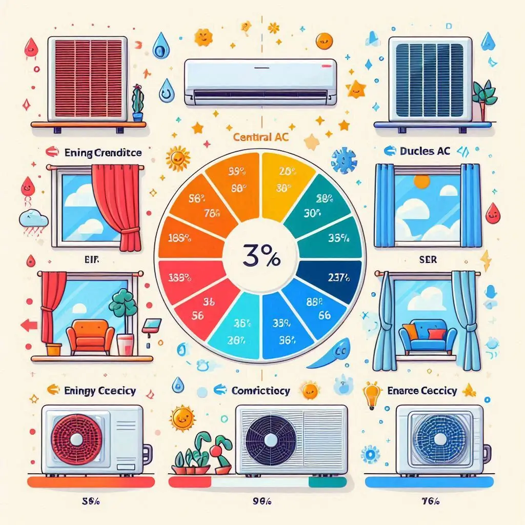 A side-by-side comparison of different types of air conditioners (central AC, ductless mini-split, and window units) with energy efficiency ratings and cooling capacity highlighted.