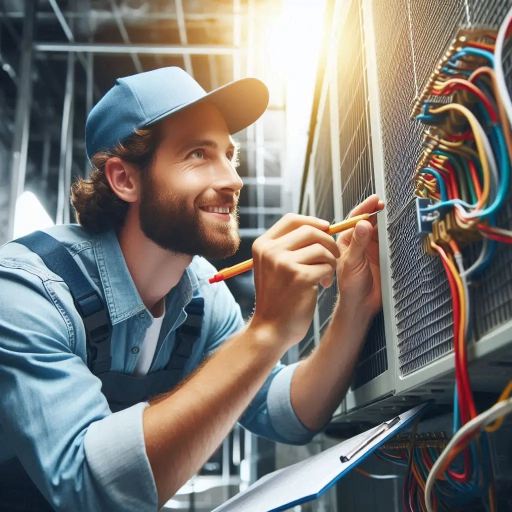 Create an image of a certified HVAC technician inspecting a central air conditioning system, showcasing professionalism and expertise.