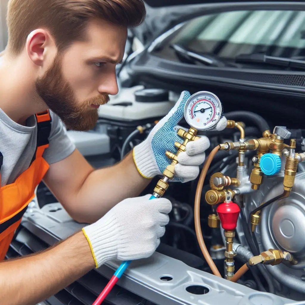 A technician using a refrigerant gauge to check and refill an air conditioning system.
