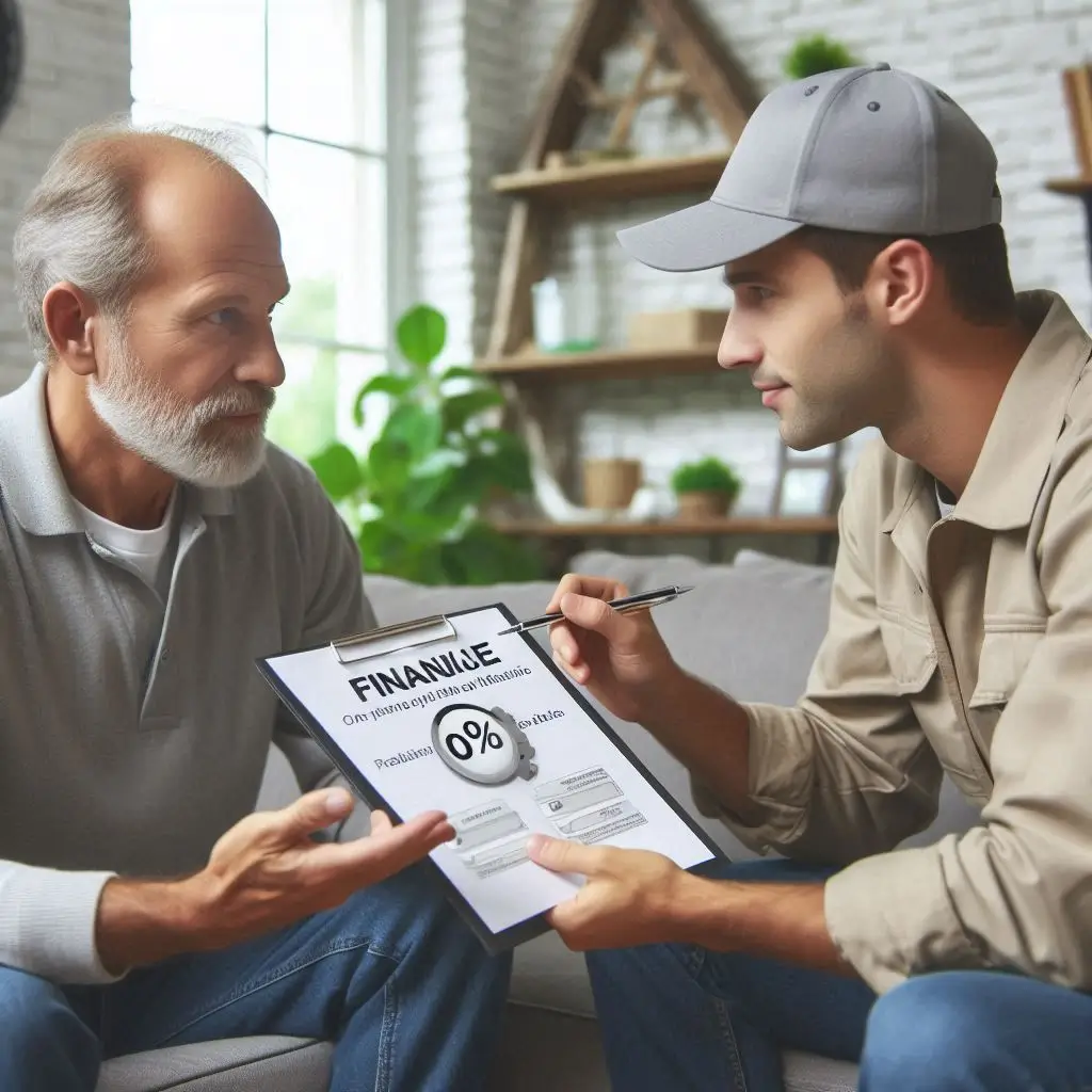 "A homeowner reviewing financing options with an HVAC technician, discussing 0% financing and rebate opportunities."