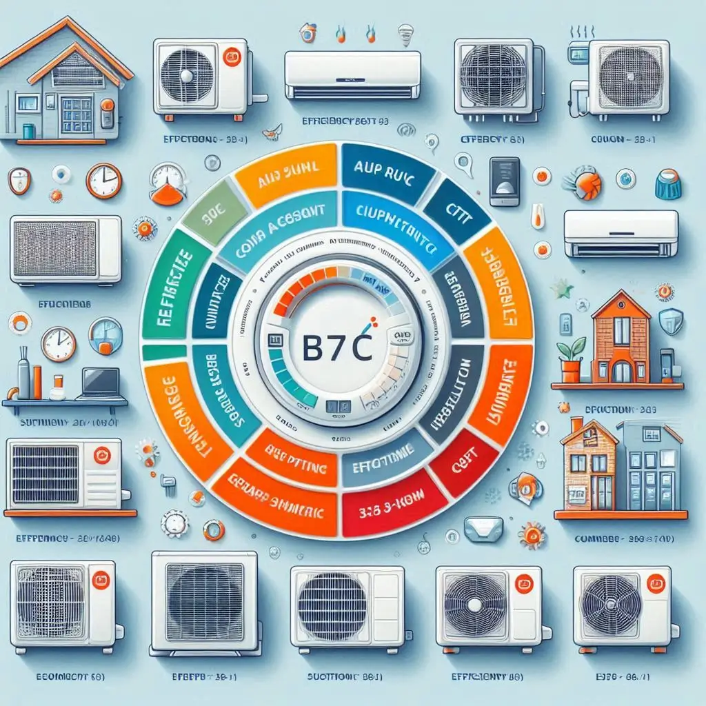 A detailed comparison chart displaying various types of air conditioners, their efficiency ratings, and suitable home sizes.