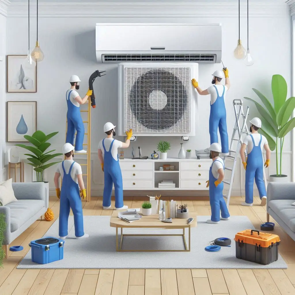 "A professional installation team setting up a large air conditioner unit in a home, showcasing the size and type comparison between different AC systems."