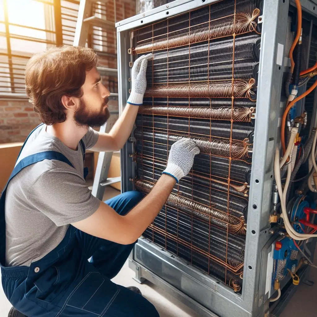 Technician checking the air conditioning unit’s coils and filters, ensuring a smooth operation for the summer.