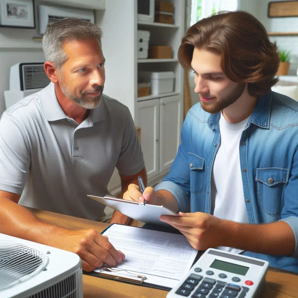 "A technician from Horizon Heating and Cooling providing personalized service to a homeowner, discussing HVAC options and ensuring customer satisfaction."