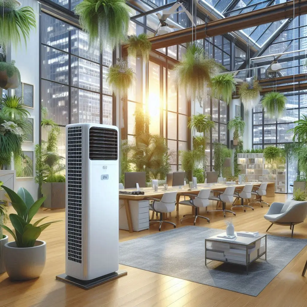 "An energy-efficient ARS air conditioner installed in a commercial building, showcasing its low energy consumption while cooling a large space."