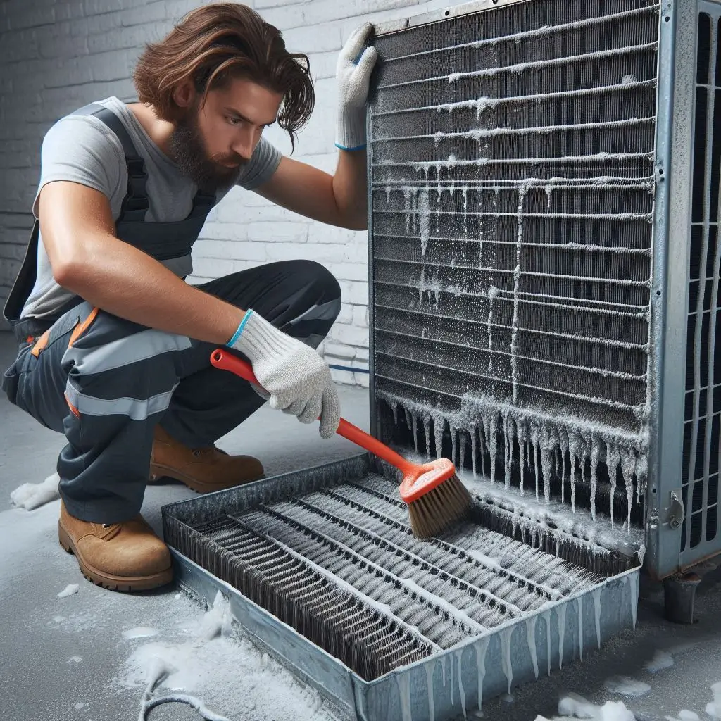 : "A technician using a brush to clean the condenser coils of an air conditioner, ensuring maximum efficiency by removing accumulated dirt and debris."