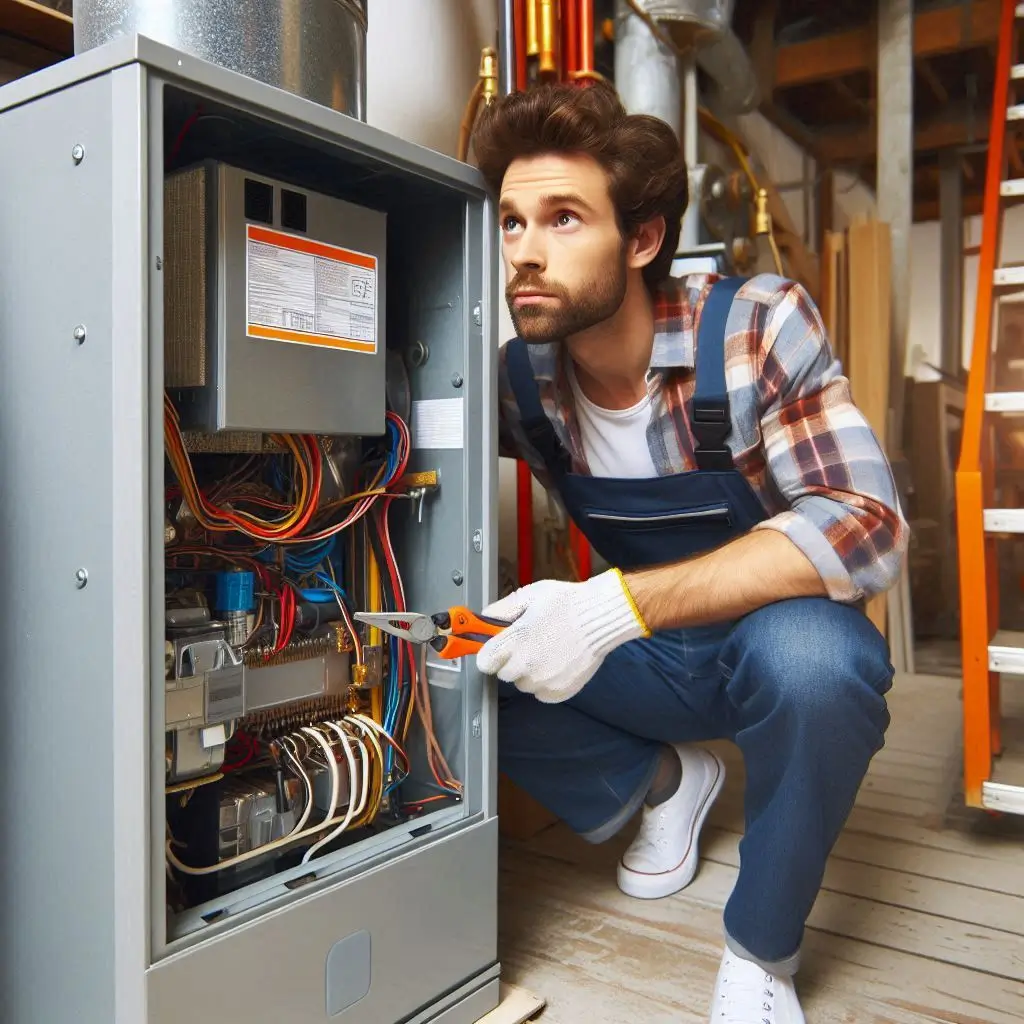 "An HVAC technician inspecting a furnace for overheating issues to ensure safe operation"