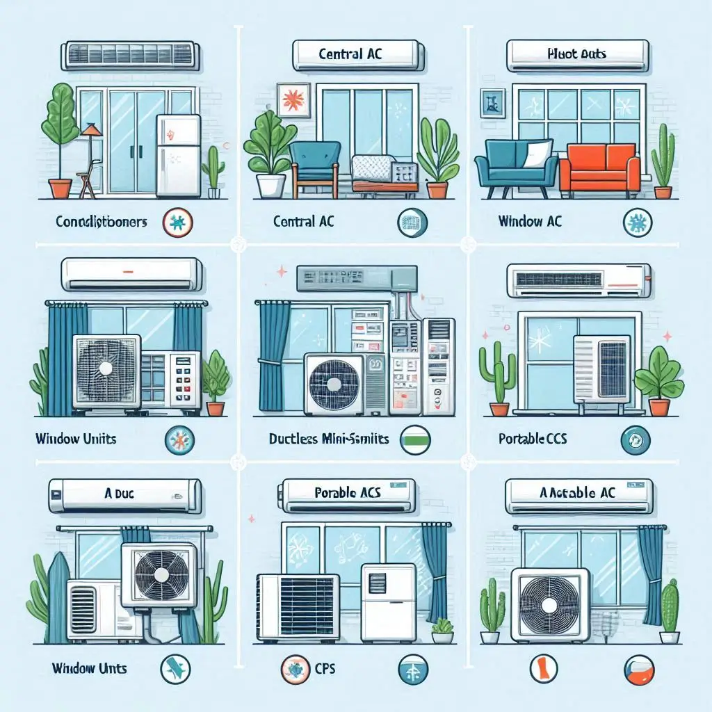 A comparison chart showing the different types of air conditioners available for installation, including Central AC, Ductless Mini-Splits, Window Units, Portable ACs, and Hybrid Systems, highlighting their pros and cons.
