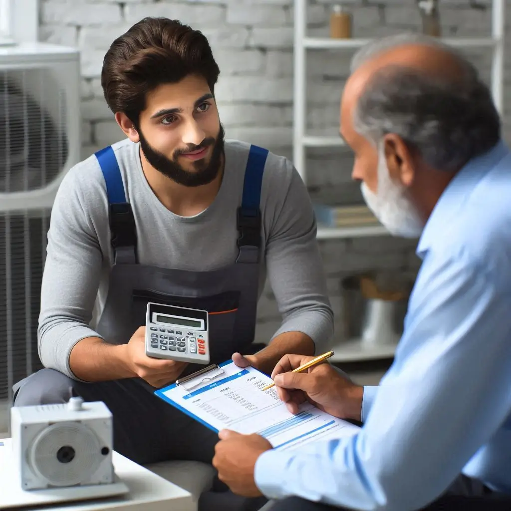 Create an image of an HVAC technician discussing pricing details with a customer, showing transparency and trust in a professional setting.