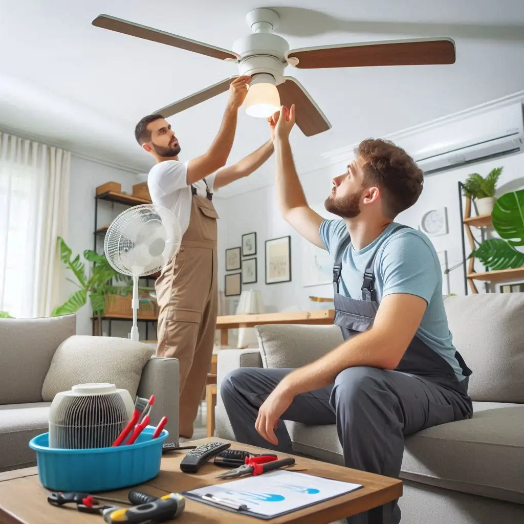 A homeowner adjusting a ceiling fan while waiting for AC repair service.