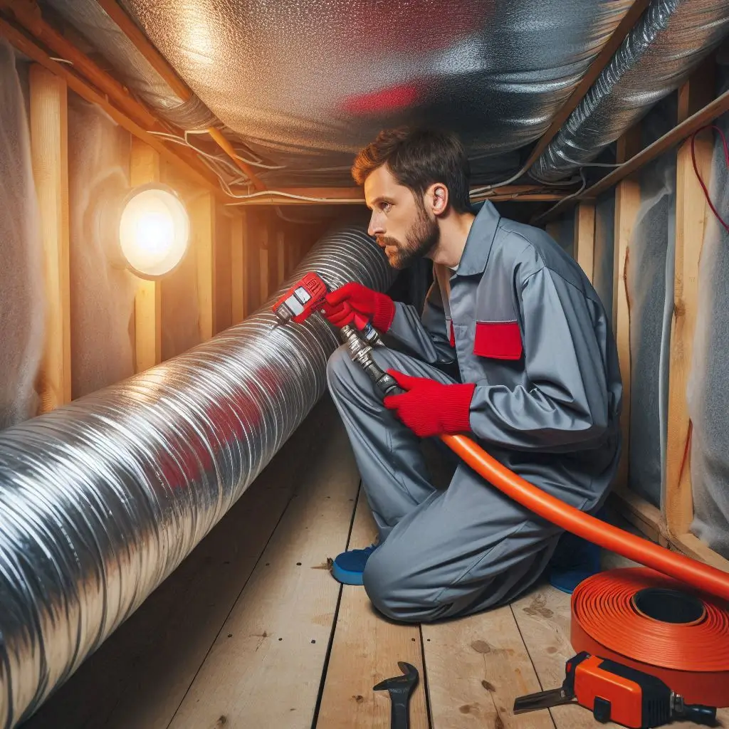An image showing an HVAC technician inspecting and sealing ducts to ensure no air leakage.