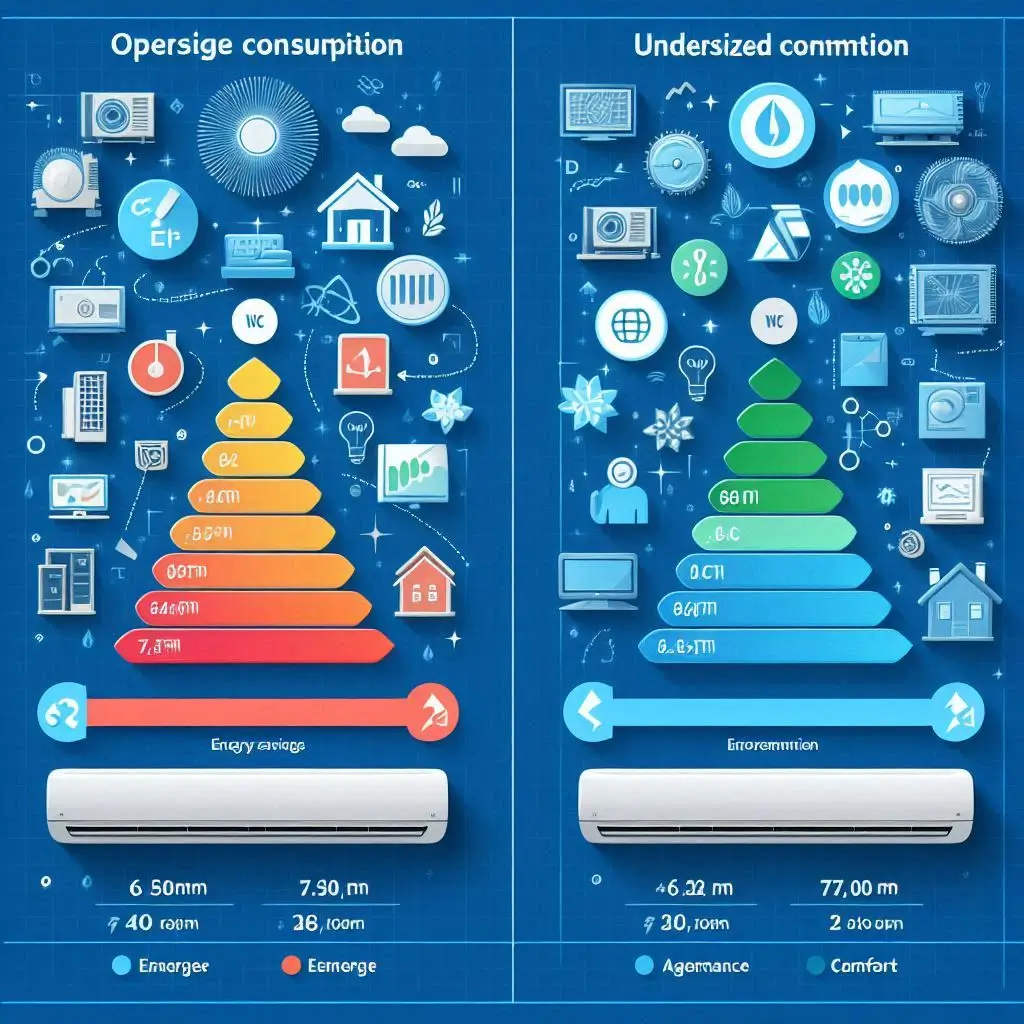 A diagram showing the effects of oversized vs undersized AC units on energy consumption, lifespan, and comfort, with visual icons representing energy savings, lifespan, and temperature consistency.