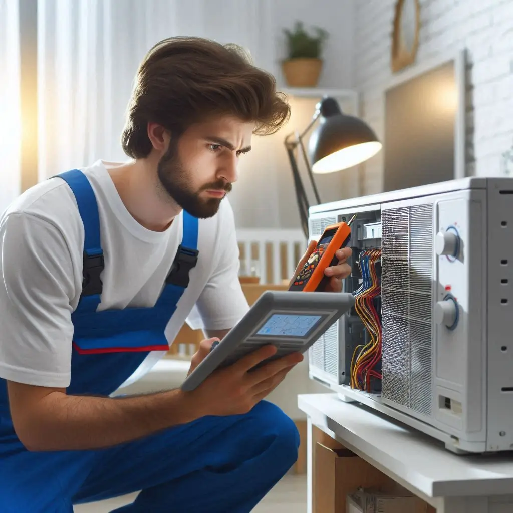 "A professional HVAC technician diagnosing and repairing an air conditioning unit. The technician is focused and using diagnostic equipment in a well-lit home, displaying expertise in handling various HVAC systems."