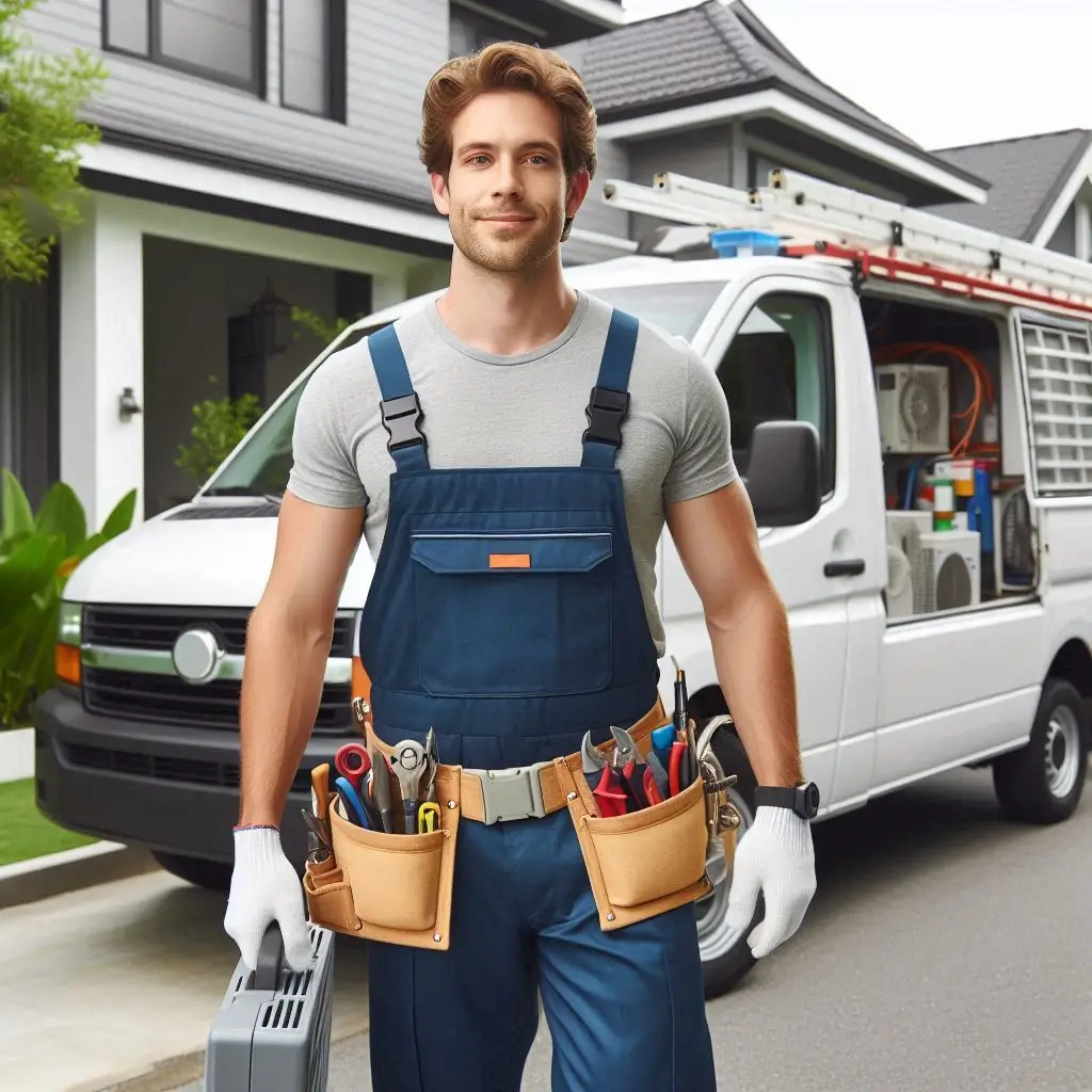  "A technician in a uniform arrives at a home with an HVAC service vehicle, ready to fix an air conditioner in an emergency. The image shows a professional, equipped with tools, walking towards a residential property."