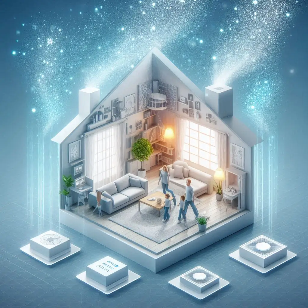 An indoor air quality concept image showing clean, fresh air circulating inside a home. The image should include subtle elements like purified air particles and a comfortable family enjoying a healthy indoor environment.