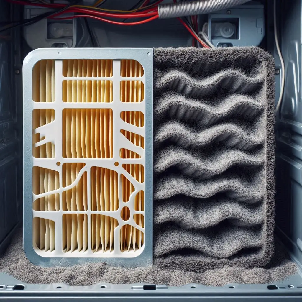 A close-up of a clogged air filter inside an air conditioner next to a clean filter for comparison.