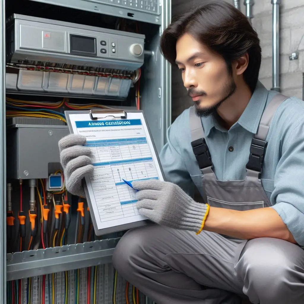 Create an image of an HVAC technician performing a routine inspection of a heating unit, showing the process of identifying and addressing wear and tear for extended system lifespan.