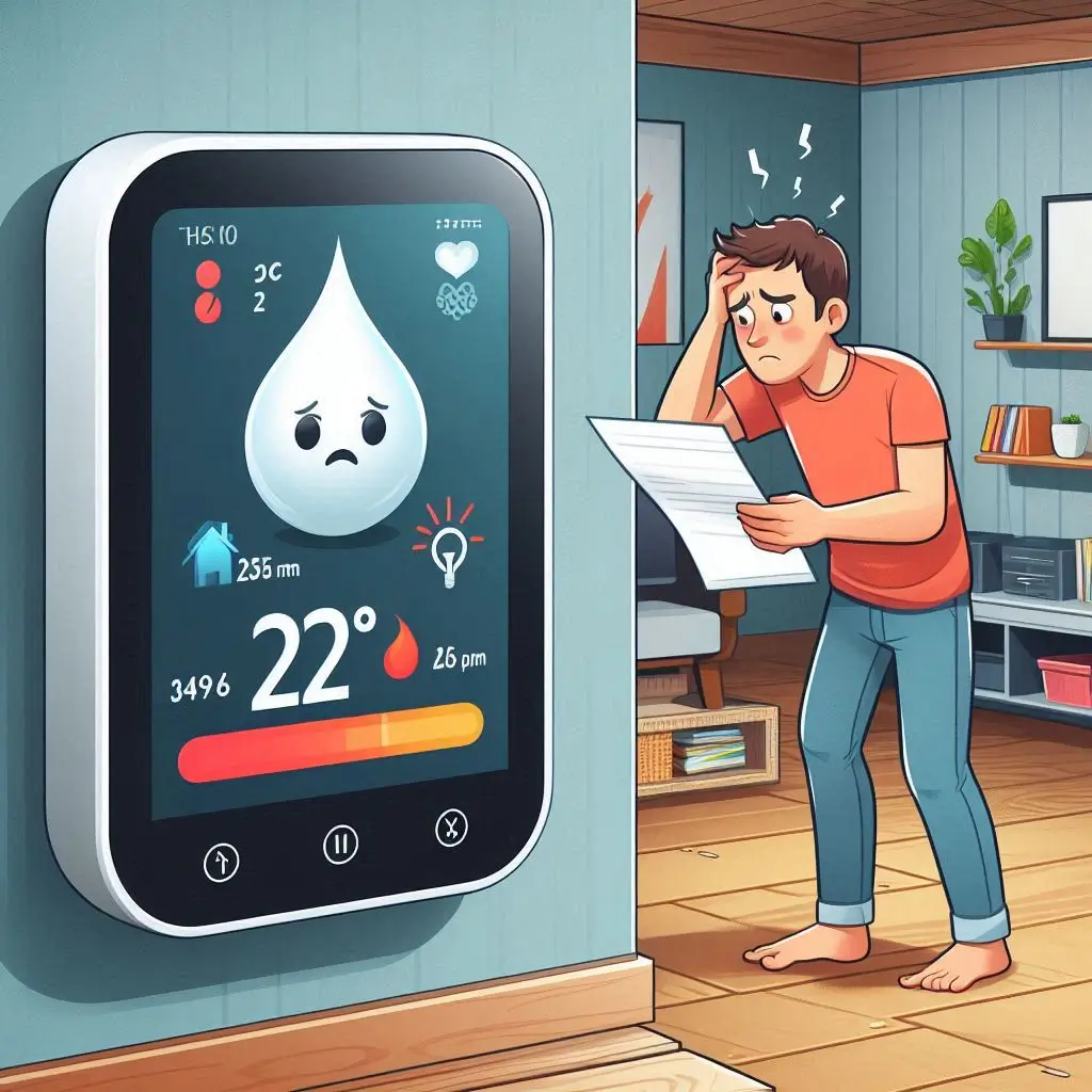 A digital smart thermostat displaying an unusually high temperature, with a homeowner looking at an increased energy bill in frustration.