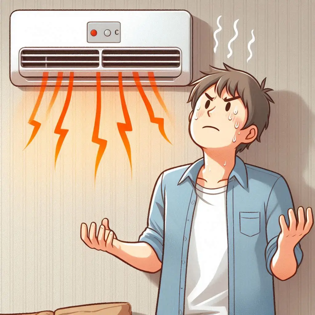 A person standing in front of an AC vent with their hand, looking frustrated as warm air comes out instead of cool air.