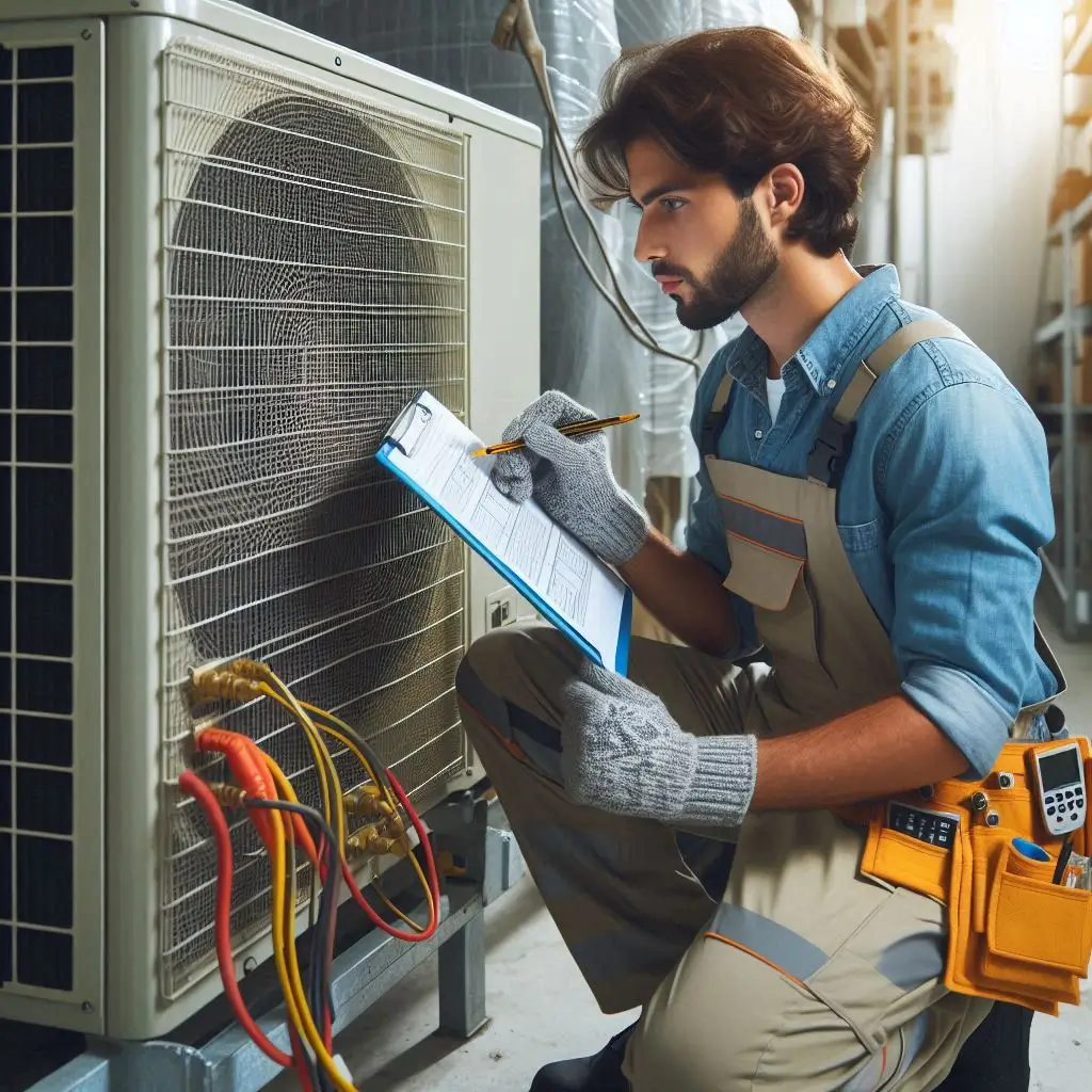 "Technician performing a diagnostic check on an ARS air conditioning unit to identify issues before they become major problems."