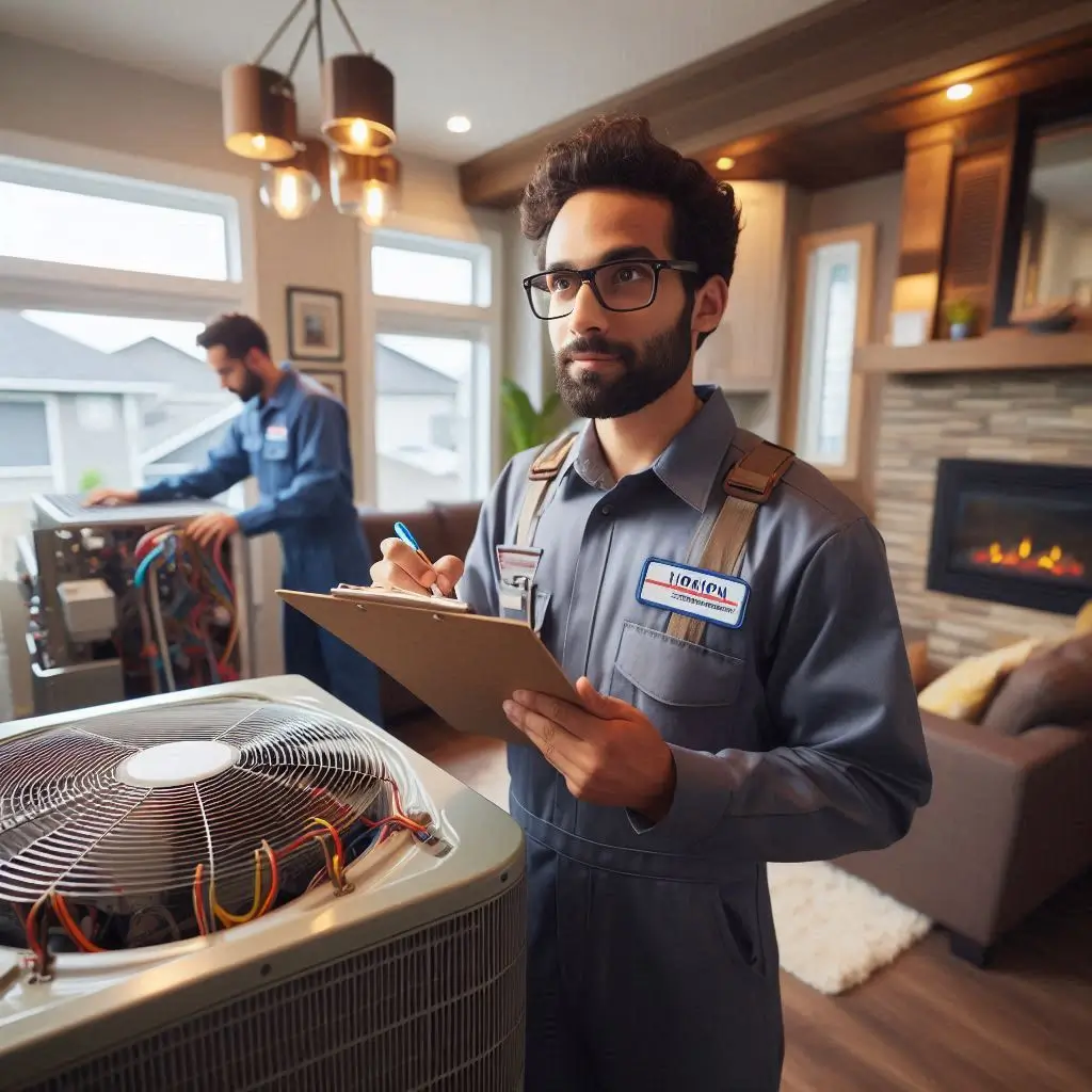 "A Horizon Heating and Cooling technician performing a professional HVAC inspection in a Calgary home, showcasing their skill and expertise."