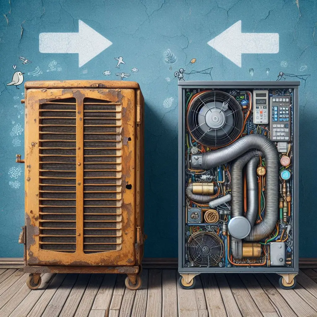 A side-by-side comparison of an old, worn-out HVAC unit and a new, energy-efficient unit, emphasizing cost savings and performance improvements.