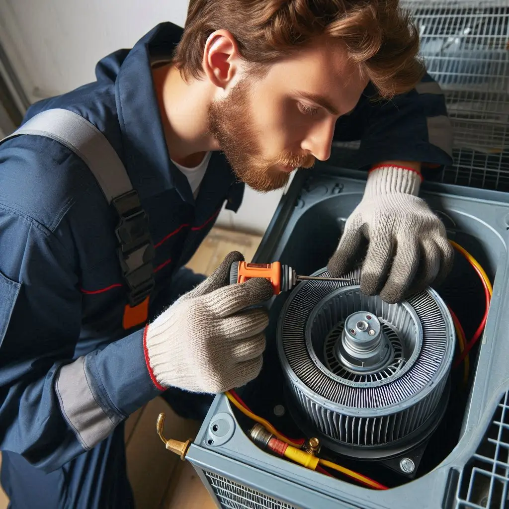 "An HVAC technician inspecting and lubricating the blower motor to extend the lifespan of an air conditioning unit during a professional tune-up."
