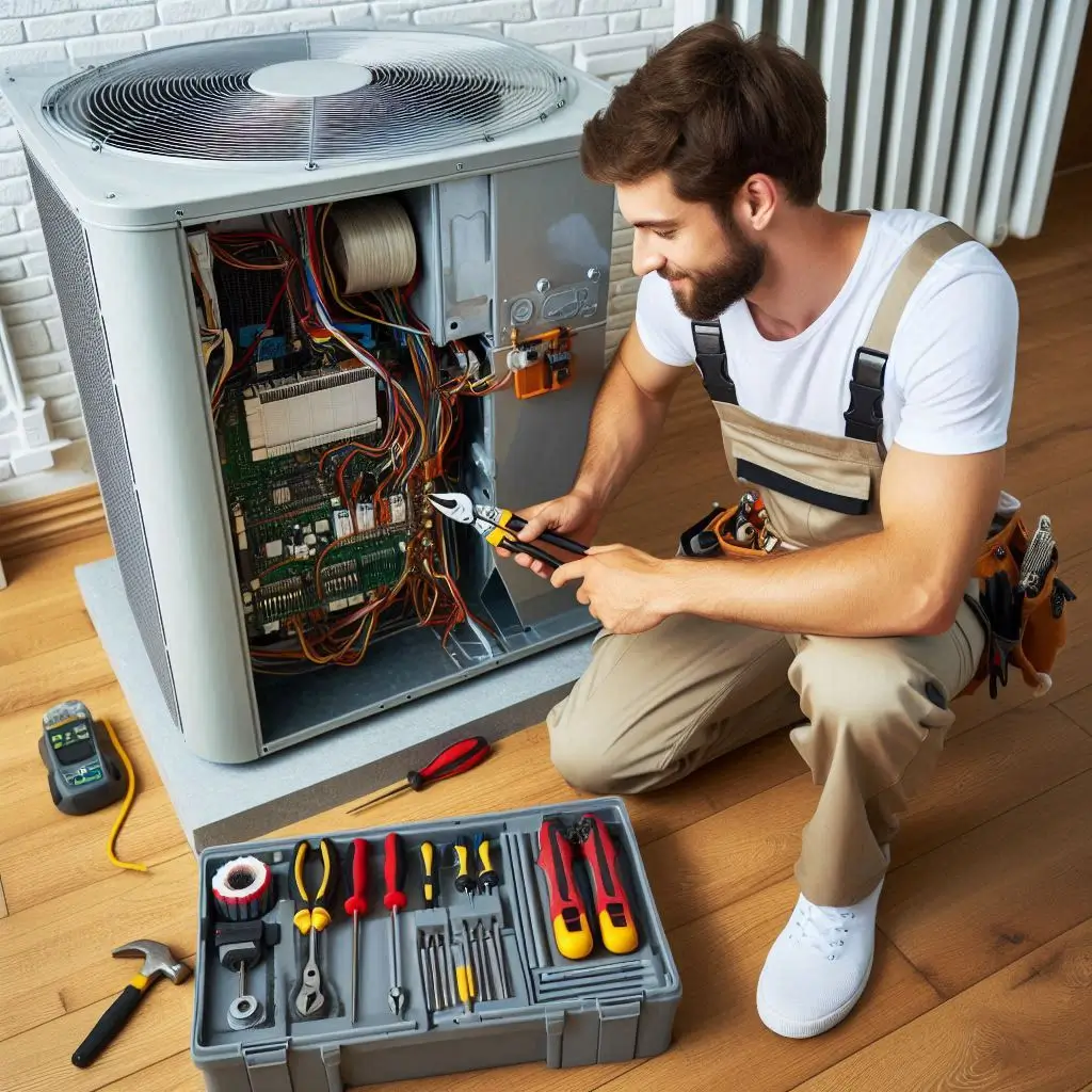 A professional HVAC technician installing a central air conditioning system in a residential home, showing tools and equipment used.