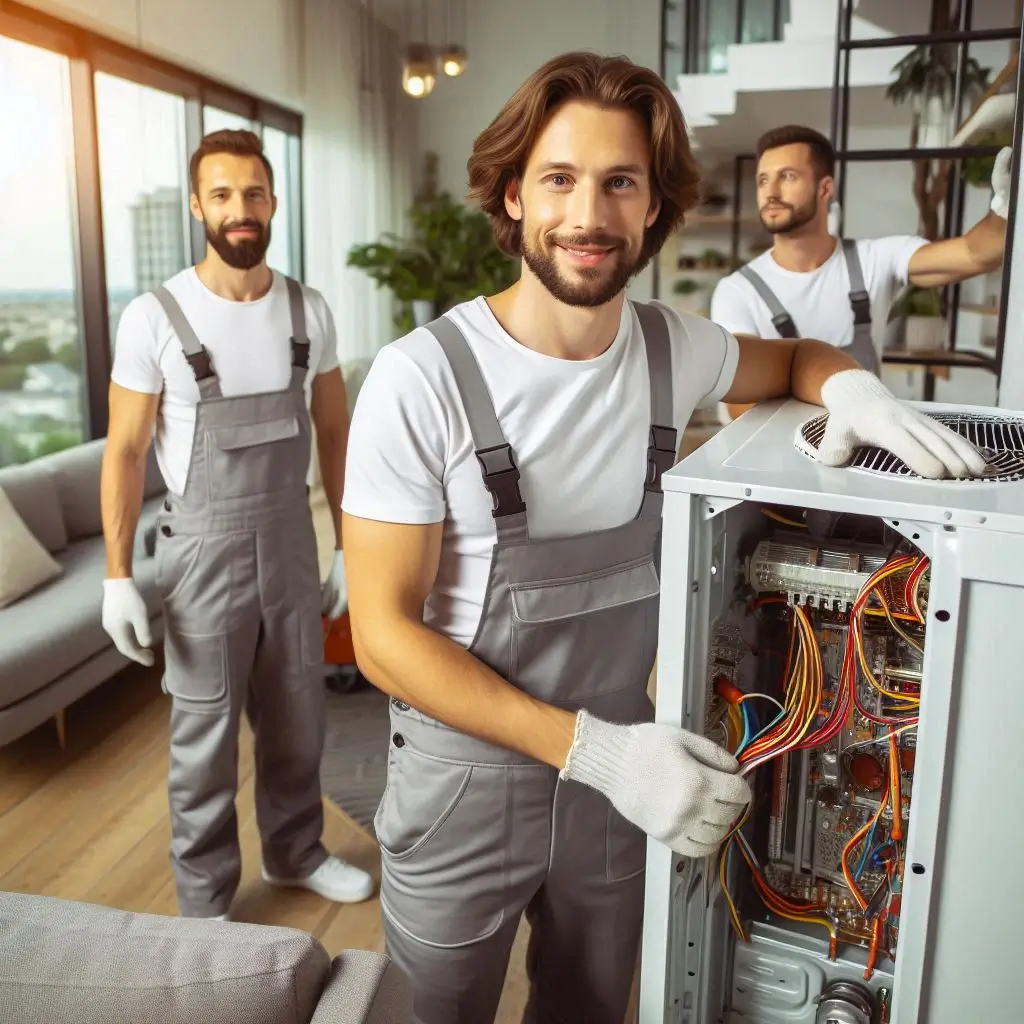 "A team of professional HVAC technicians working together to install a heating or air conditioning system in a modern residential or commercial property."