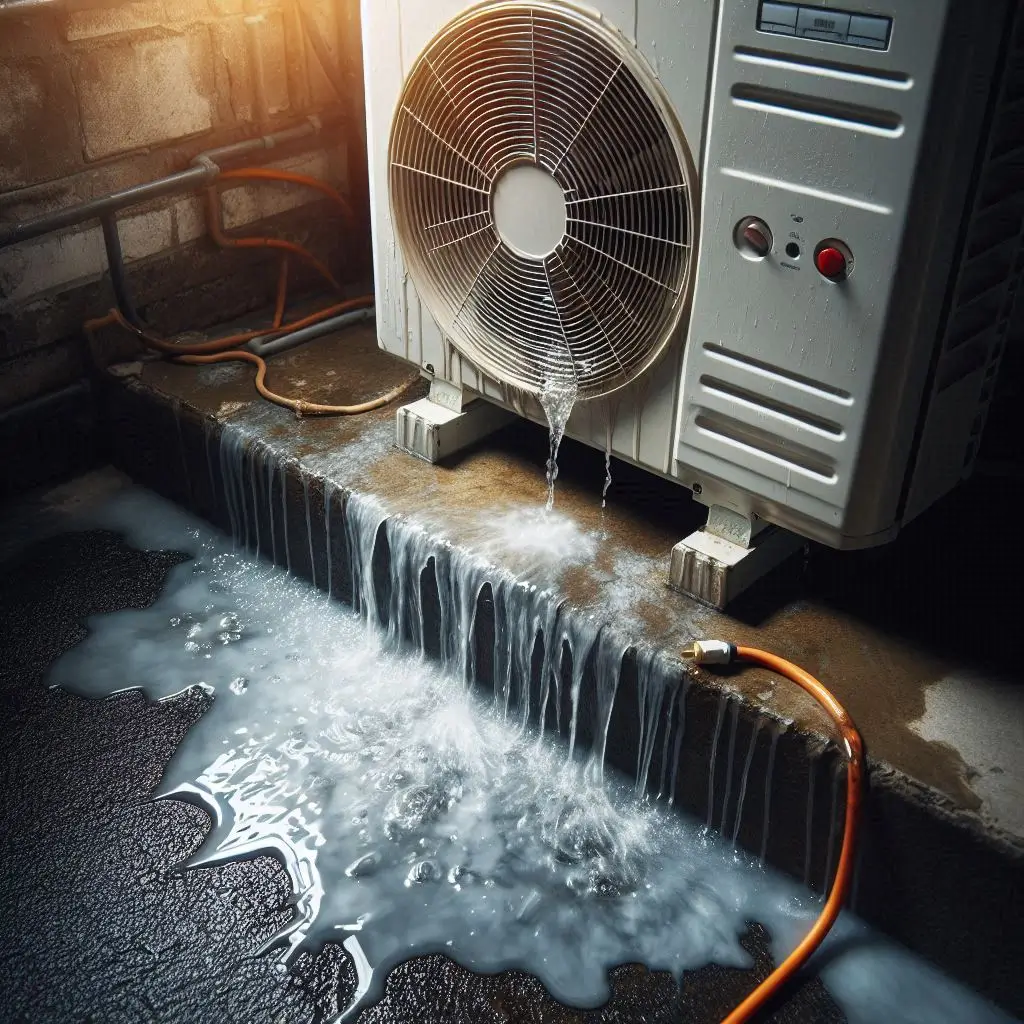 A close-up of a leaking air conditioning unit with visible water pooling on the floor, highlighting the need for immediate repair.