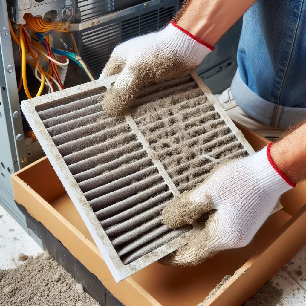 A close-up view of a homeowner removing a dirty air filter from a central air conditioner, with dust and debris visible on the filter.