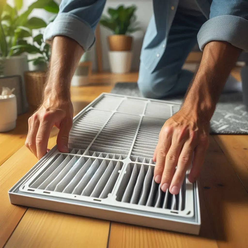 : A homeowner replacing an AC filter inside their home, showing a close-up of hands sliding out the old filter and inserting a clean one.