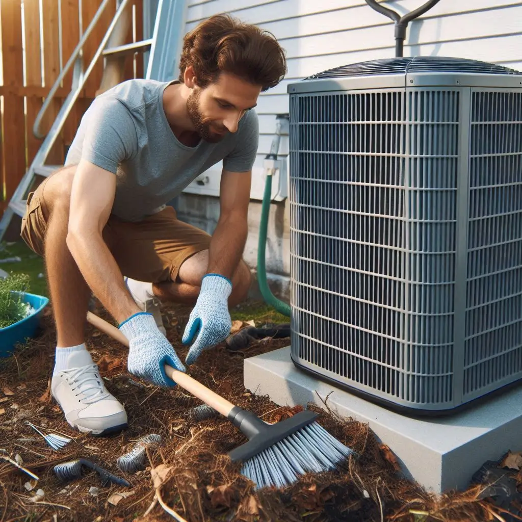 A homeowner cleaning debris around an outdoor AC condenser unit, ensuring proper ventilation and airflow.