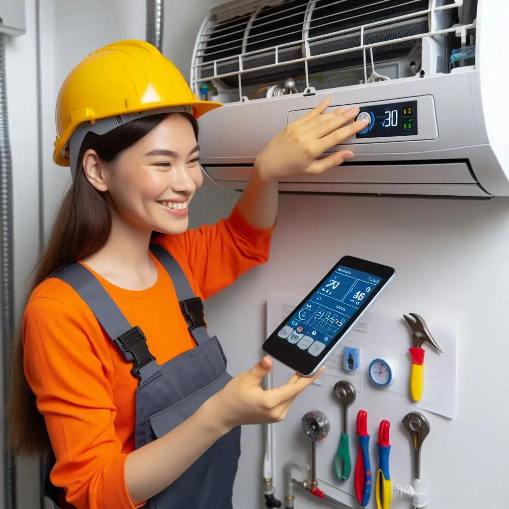 A technician performing a final test on a newly installed air conditioner, adjusting settings on the thermostat and checking for any refrigerant leaks.